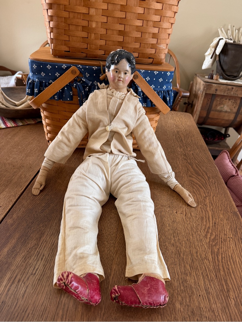 Antique Doll by Antique in Cream Outfit with Red Shoes